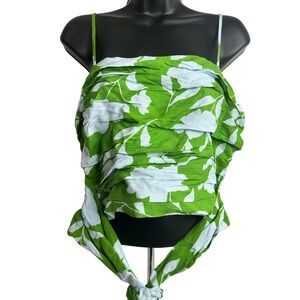 Kate Spade Top Womens Medium Green Blue Floral Tie Front Smocked Linen Blend